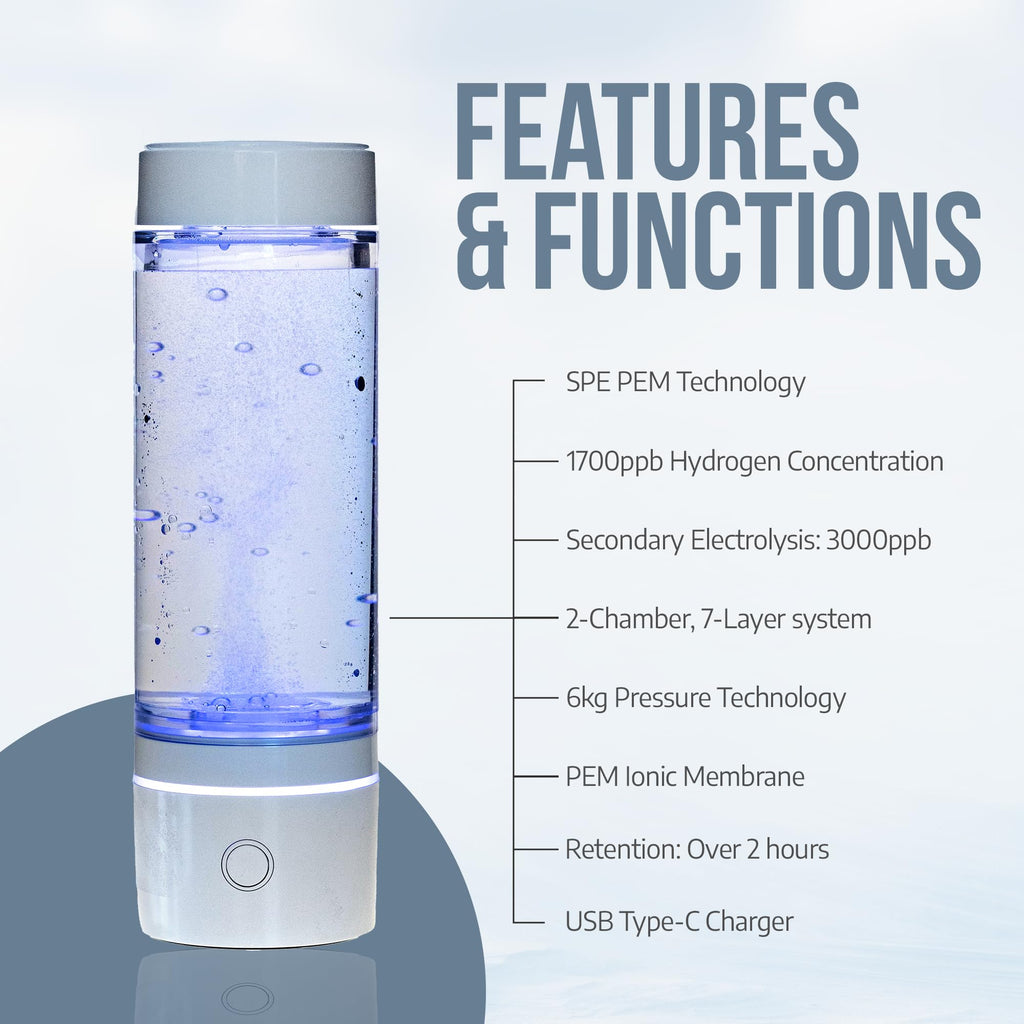 PURDANE Hydrogen Water Bottle 2024 – SPE/PEM Technology Generating Up to 3000ppb Hydrogen-Rich Ionized Water for Antioxidant and Health Benefits – Environmentally Friendly PC and Glass - White