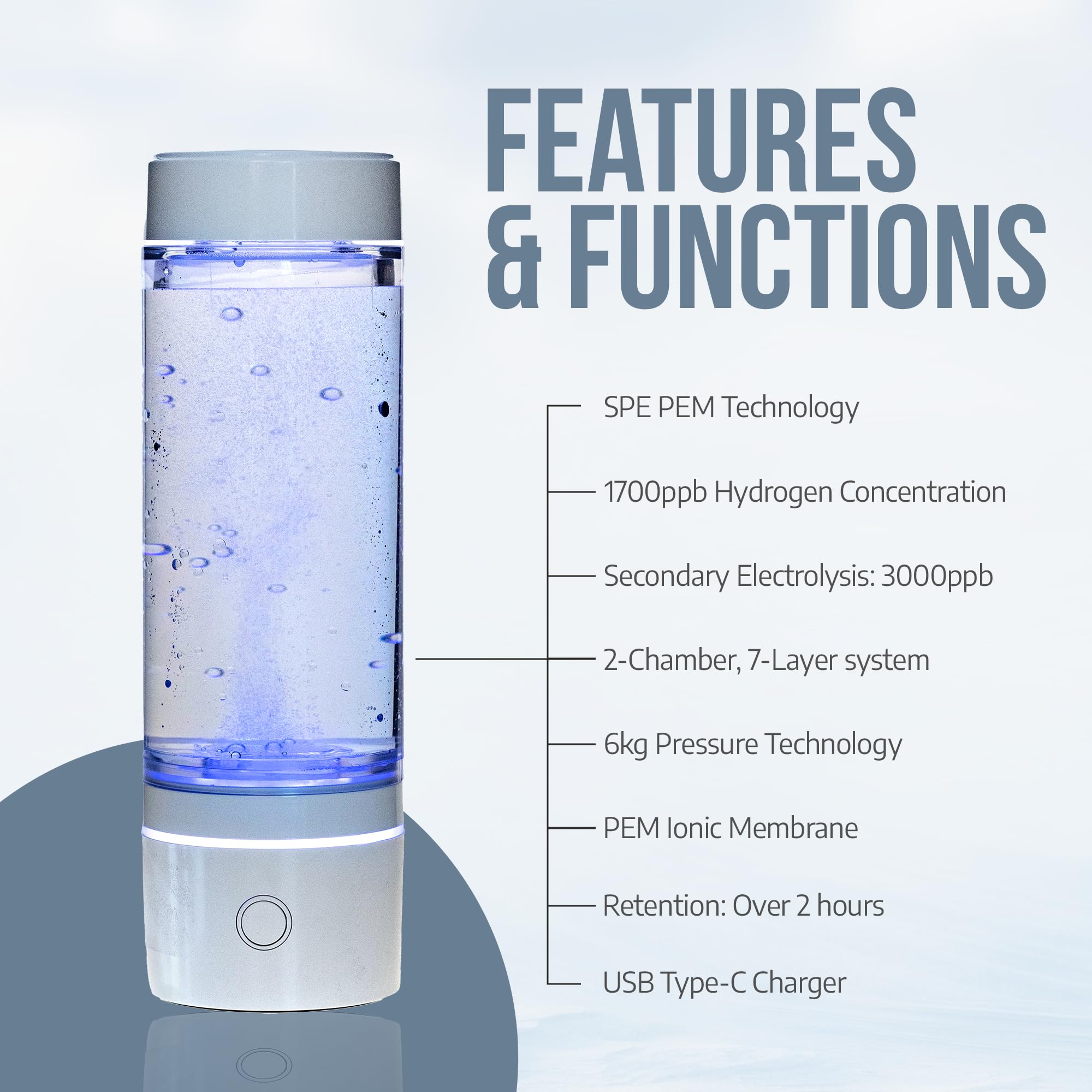 PURDANE Hydrogen Water Bottle 2024 – SPE/PEM Technology Generating Up to 3000ppb Hydrogen-Rich Ionized Water for Antioxidant and Health Benefits – Environmentally Friendly PC and Glass - White