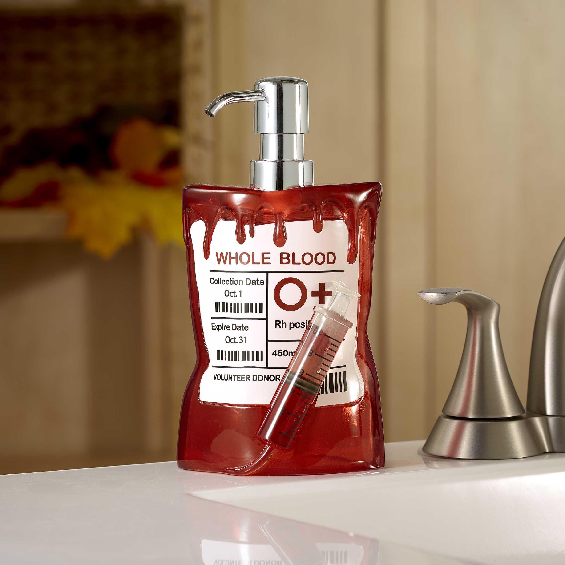 Avanti Linens – Soap Dispenser, Decorative Lotion Pump for Bathroom or Kitchen Countertop, Hand Painted Resin Halloween Decor (Blood Bag)
