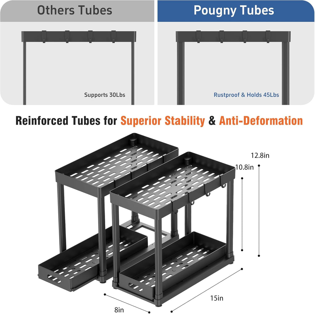 Skiennix Pull-Out Storage Organizers - Multi-Purpose Under Sink Solution for Bathroom & Kitchen | Black, 2 Pack