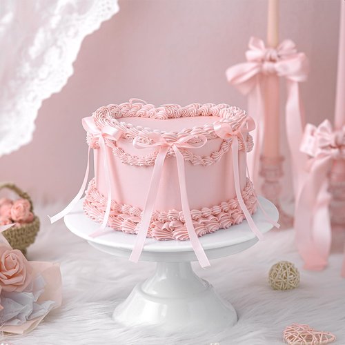 Remerry 6 Inch Pink Bow Fake Cake Coquettish Birthday Fake Cake Decor Pink Bow Heart Wedding Dessert Props Artificial Heart Dessert for Display Photography Props Women Birthday Wedding Gift