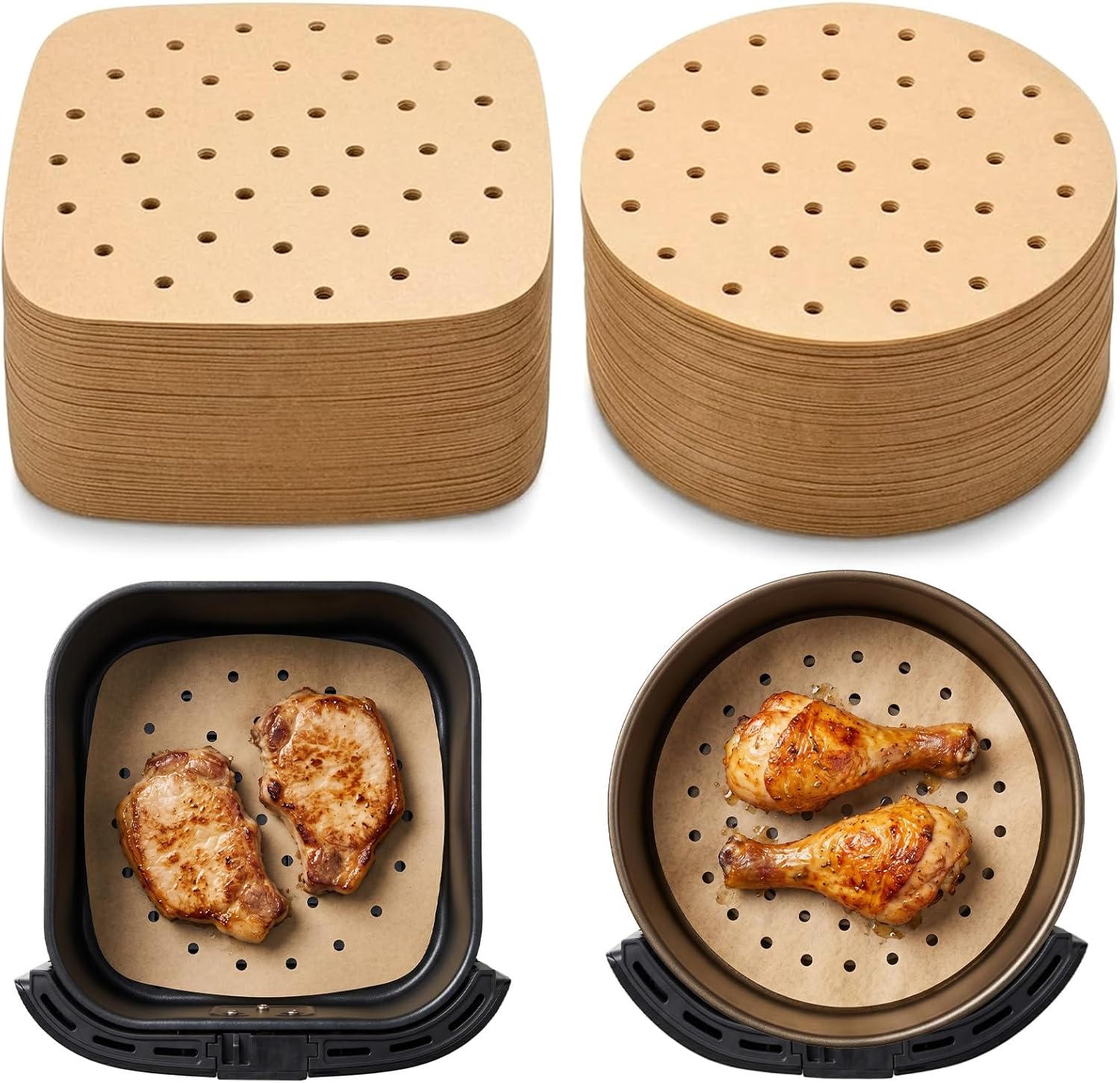 Skiennix Air Fryer Parchment Paper Liners - 100 PCS Disposable Perforated Sheets, 8.5" & 7" Sizes
