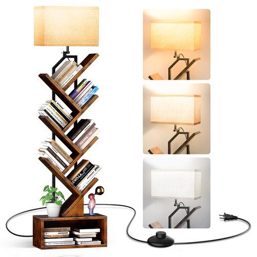 addlon 6-Tier Tree Book Shelf with LED Light, Steel&Wood Bookshelf with Storage Cabinet, Narrow Tall Bookcase with 3CCT Bulb, Small Bookshelf for Bedroom, Home Office&Living Room-Rustic Brown