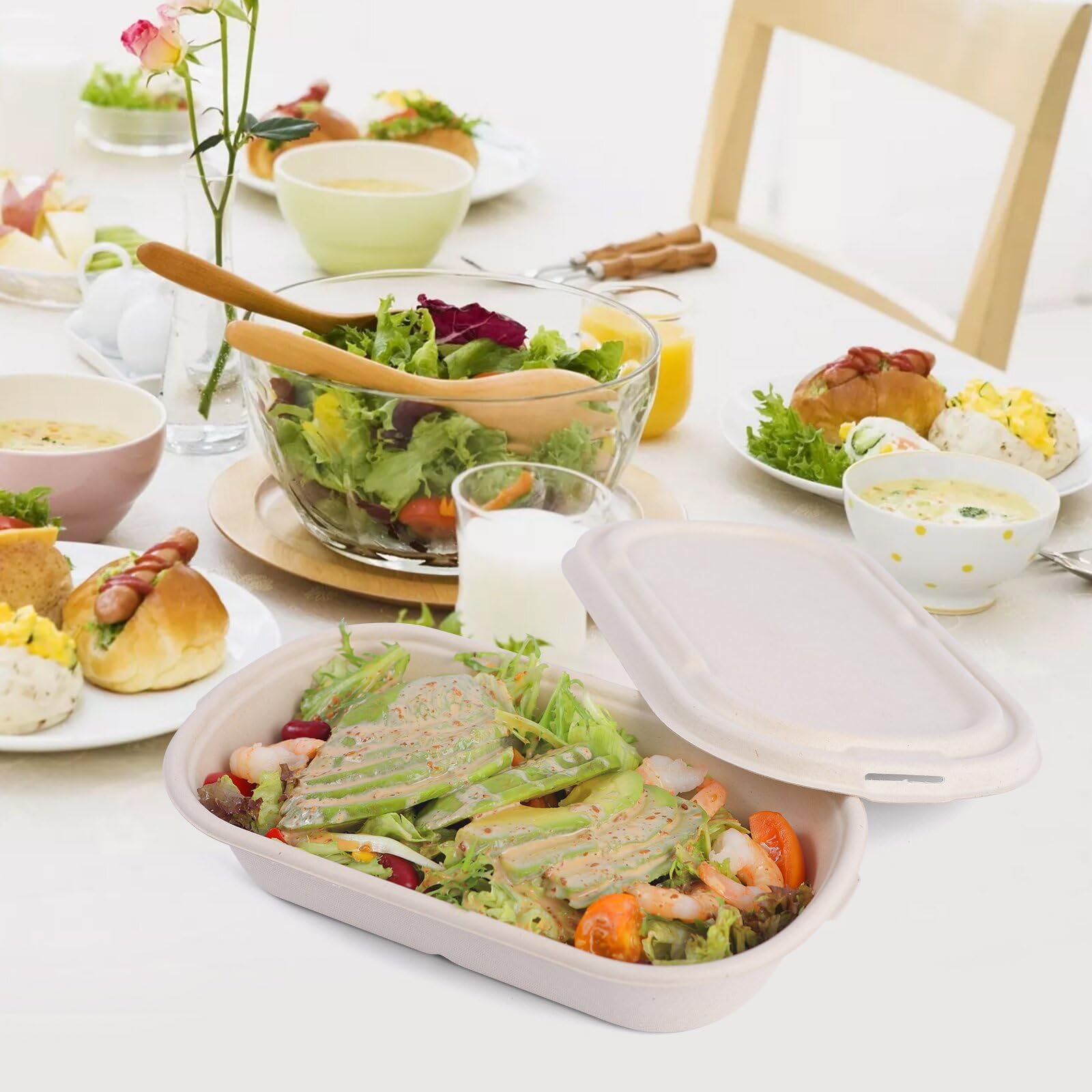 60Pcs(29oz) Disposable Meal Prep Lunch Food Takeout Salads Sandwiches Bowls Containers with Lids,Compostable Biodegradable to go Food Microwavable Freezer Safe Containers for Party Camp out.