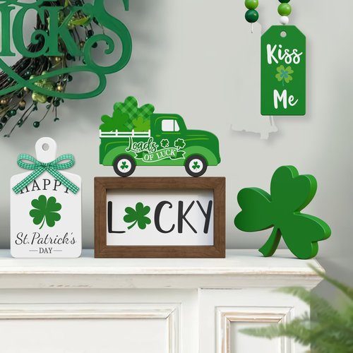 St. Patrick's Day Tiered Tray Decor set - 5 Pcs Shamrock Wooden Signs Lucky Decor Bead Garland, St. Patricks Day Decorations for Home Kitchen Table Party Decorations
