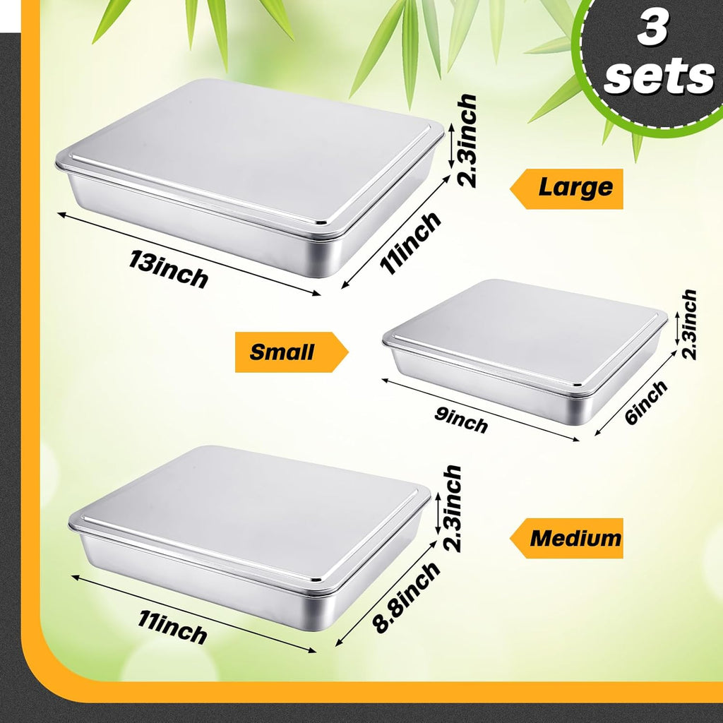 Tioncy Stainless Steel Cake Pan Set - 3 Rectangular Baking Pans with Lids | 13/11/9 Inch for Versatile Cooking