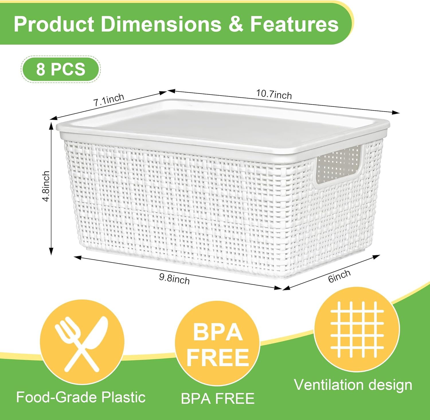 Plastic Storage Baskets by [Brand Name] - 6 Pack White Stackable Bins with Lids for Organizing Desktops & Closets