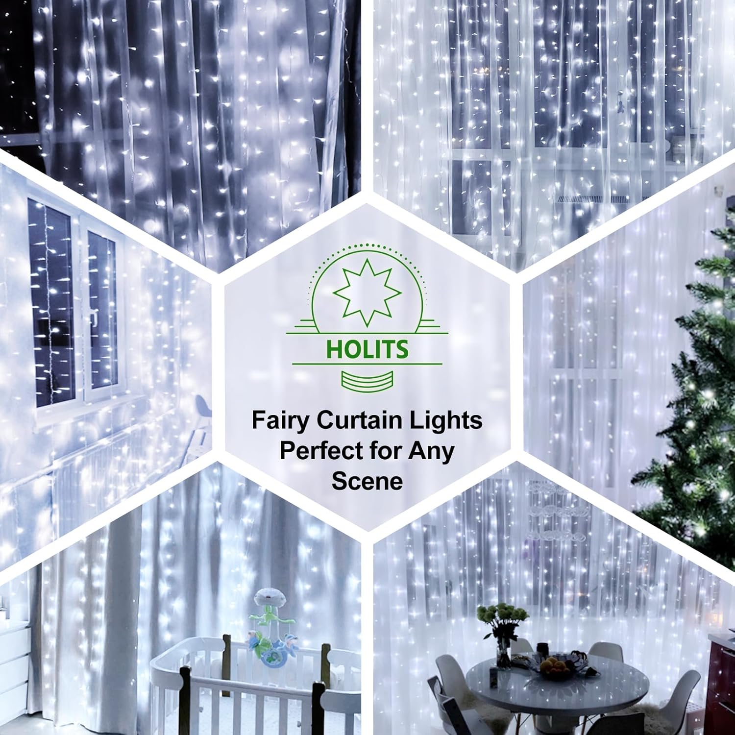 Skiennix 300 LED Fairy Curtain Lights - 9.8 x 9.8FT Cold White USB String Lights with Remote | 8 Modes for Christmas, Weddings, Indoor & Outdoor Decor