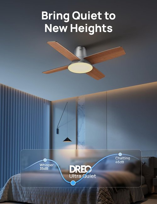 Dreo Ceiling Fan - Smart Flush Mount with Dimmable LED Lights & 12 Speeds | Quiet DC Motor, Remote Control, Silver, 44''