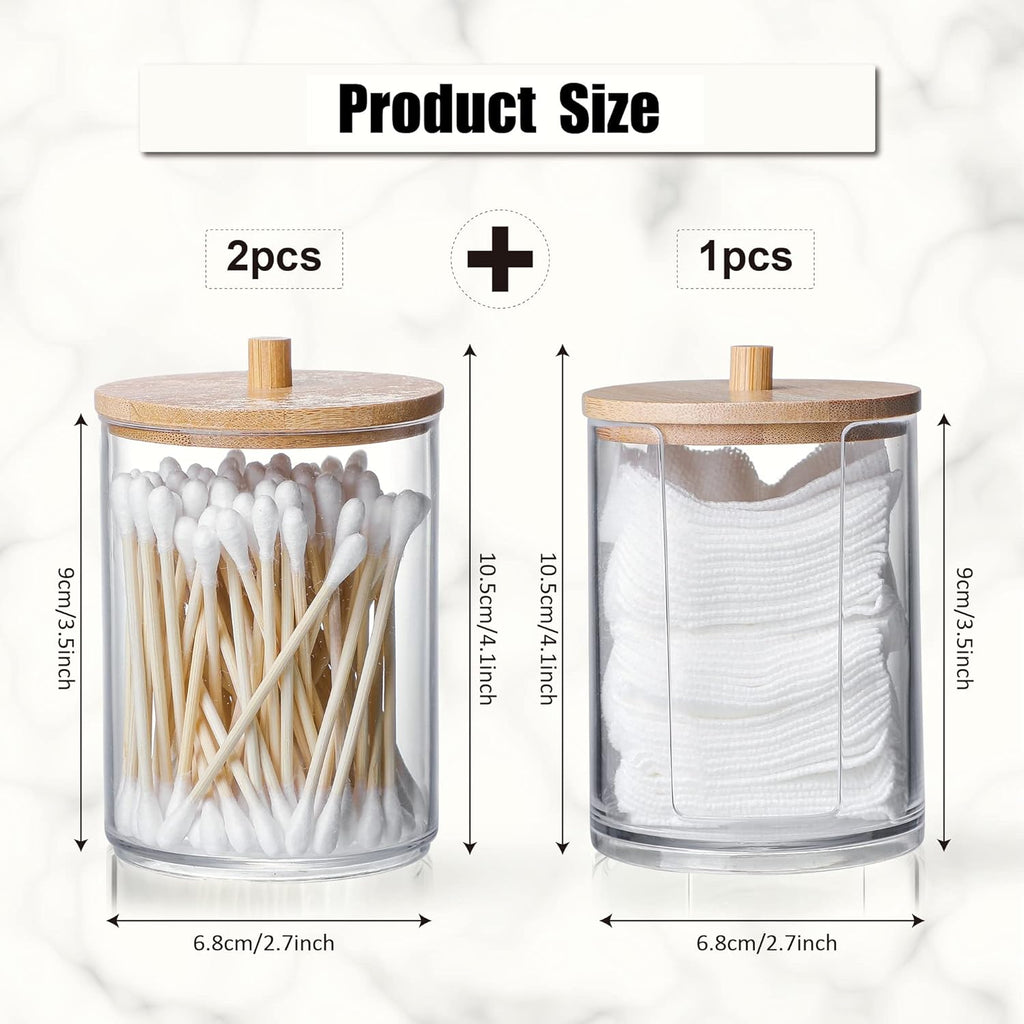 Skiennix Qtip Holder Set - 3 Pcs Clear Acrylic Dispensers with Bamboo Lid for Bathroom Storage