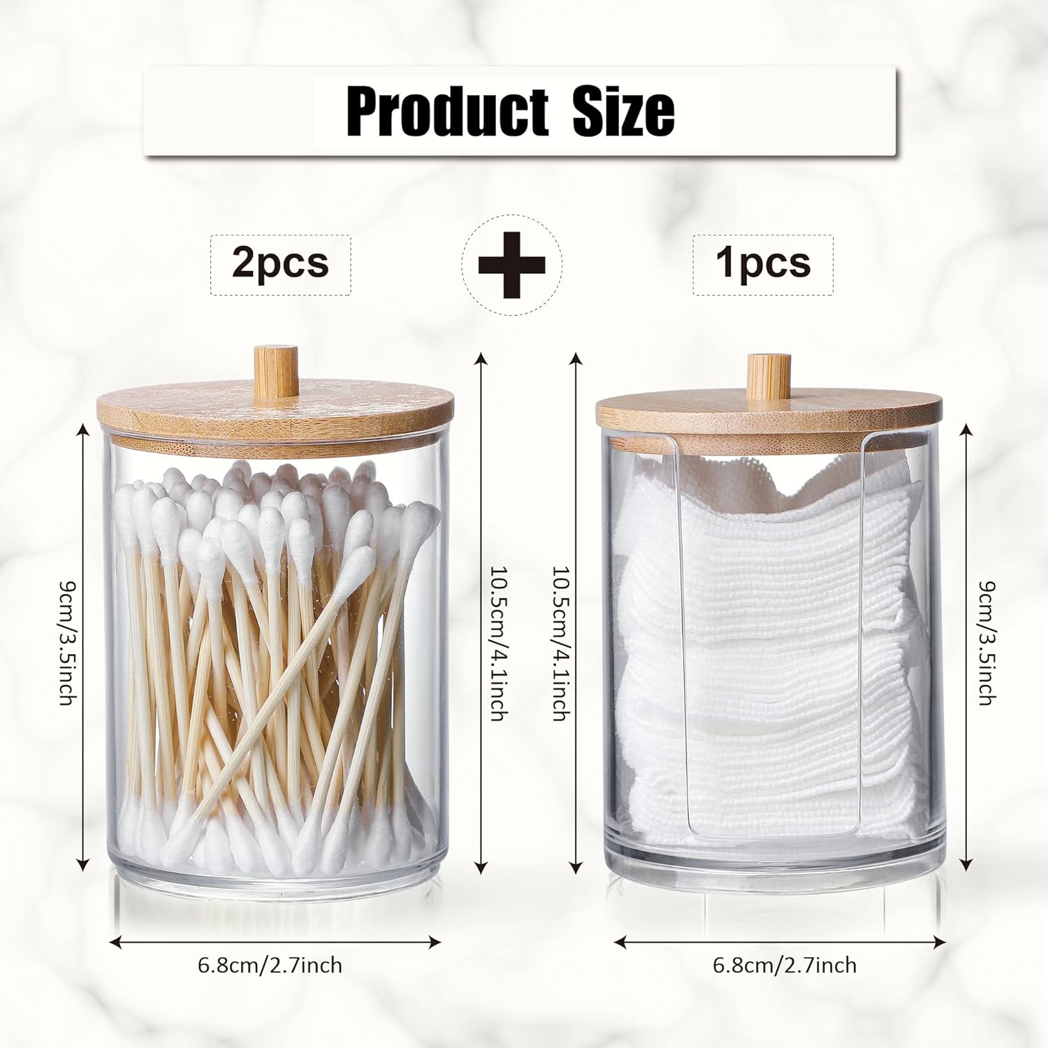 Skiennix Qtip Holder Set - 3 Pcs Clear Acrylic Dispensers with Bamboo Lid for Bathroom Storage