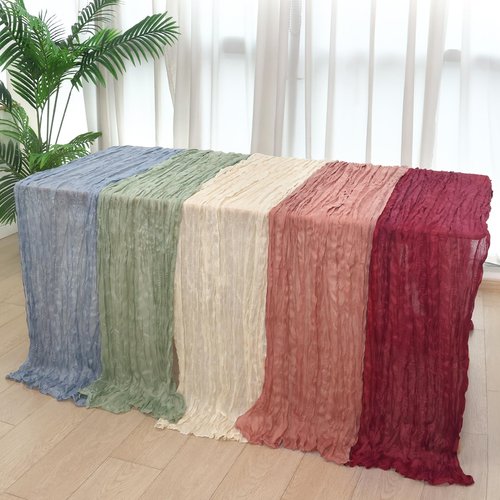 Fixwal 8 Pack Ivory Cream Cheesecloth Table Runners, 35x120 Inch Beige Pleated Boho Gauze Table Runner, Long Semi-Transparent Table Decorations for Parties, Showers, Birthdays and Weddings