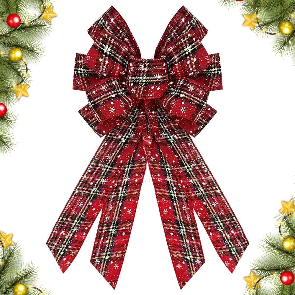 Regine Switzerland Christmas Wreath Bow - Large 20 x 11 Inch Red Burlap Buffalo Plaid for Home Decor