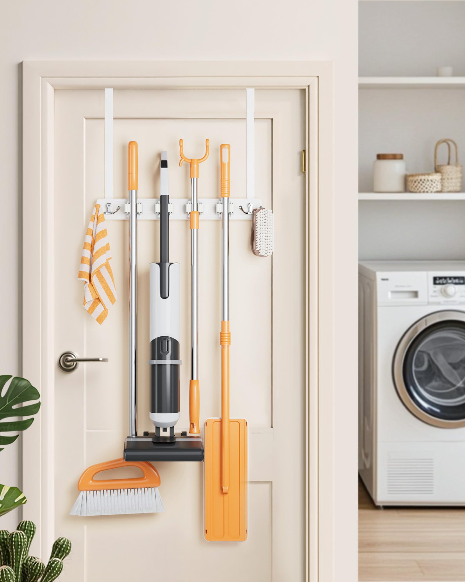 Vosturdy Mop and Broom Holder Wall Mount, No Drill Over the Door Broom and Mop Holder with 4 Slots and 4 Hooks, Wood Tool Hanger for Laundry, Cabinet, Kitchen, Garage