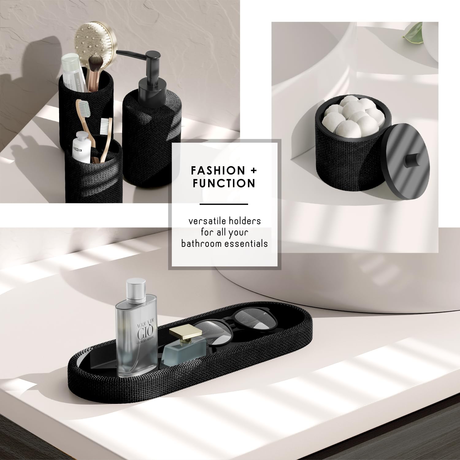 Clara Clark Bathroom Set - Black Bathroom Accessories Set, 19PC Bathroom Accessory Set, Bathroom Sets with Shower Curtain Set, Soap Dispenser & Toothbrush Holder