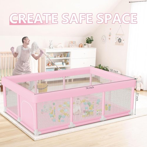 Hiaksedt Large Baby Playpen - Safe & Soft Pink Play Pen for Babies & Toddlers | 74"x50" Size