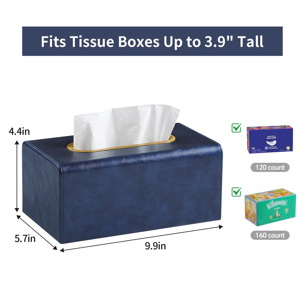 MEIBOOCH PU Leather Tissue Box Cover Rectangular Tissue Box Holder for Boxes Up to 3.9" Tall, Decorative Rectangle Tissue Cover for Bathroom Living Room Car Office (Navy Blue)