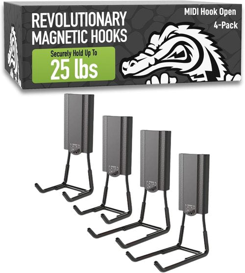 GATOR MAGNETICS Heavy Duty Magnetic Hooks - 25 lb Capacity, Easy-Release Non-Slip Grip | 4 Pack for Garage & Home Storage