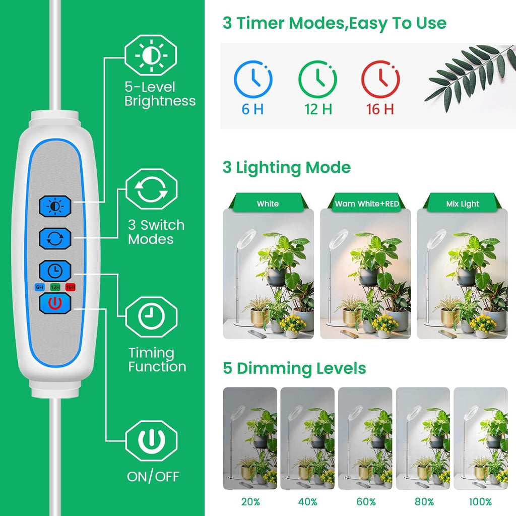 Aokrean Grow Lights - Full Spectrum Indoor Plant Lamps | Height Adjustable 9.8"-37.4" with Auto Timer & 3 Spectrums (2 Pack)