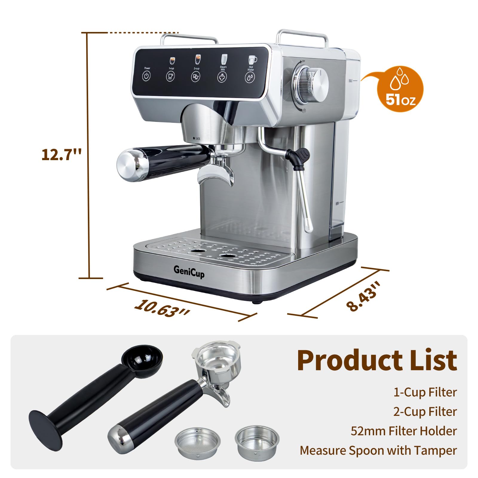 GeniCup Expresso Coffee Machines with Touchscreen 20 Bar Professional Espresso Maker with Milk Frother & Hot Water, Stainless Steel Coffee Maker for Latte Americano, Cappuccino Machine for Home Office