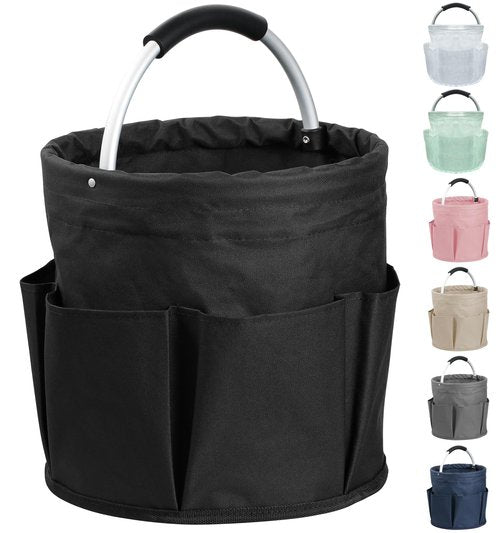 IHOMAGIC 17L Cleaning Caddy with Handle and 6 Pockets, Foldable Cleaning Supply Caddy, Portable Shower Caddy in 600D Oxford Fabric, Multifunctional Storage Basket for Camping, Gardening, Black