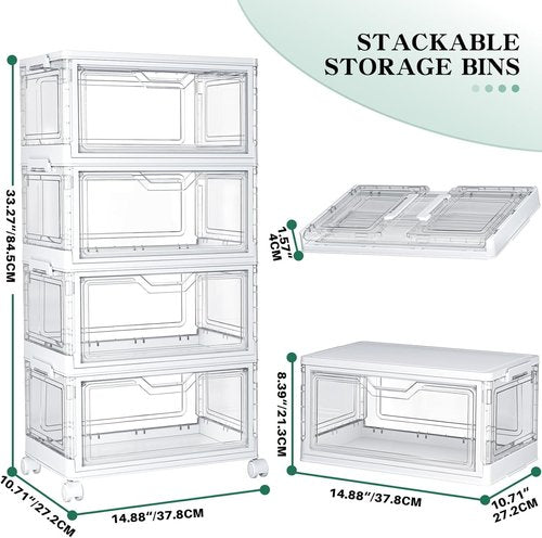 Kmiectse Clear Storage Bins - 4-Tier Stackable Plastic Bins with Lids & Wheels | 23 QT Closet Organizer
