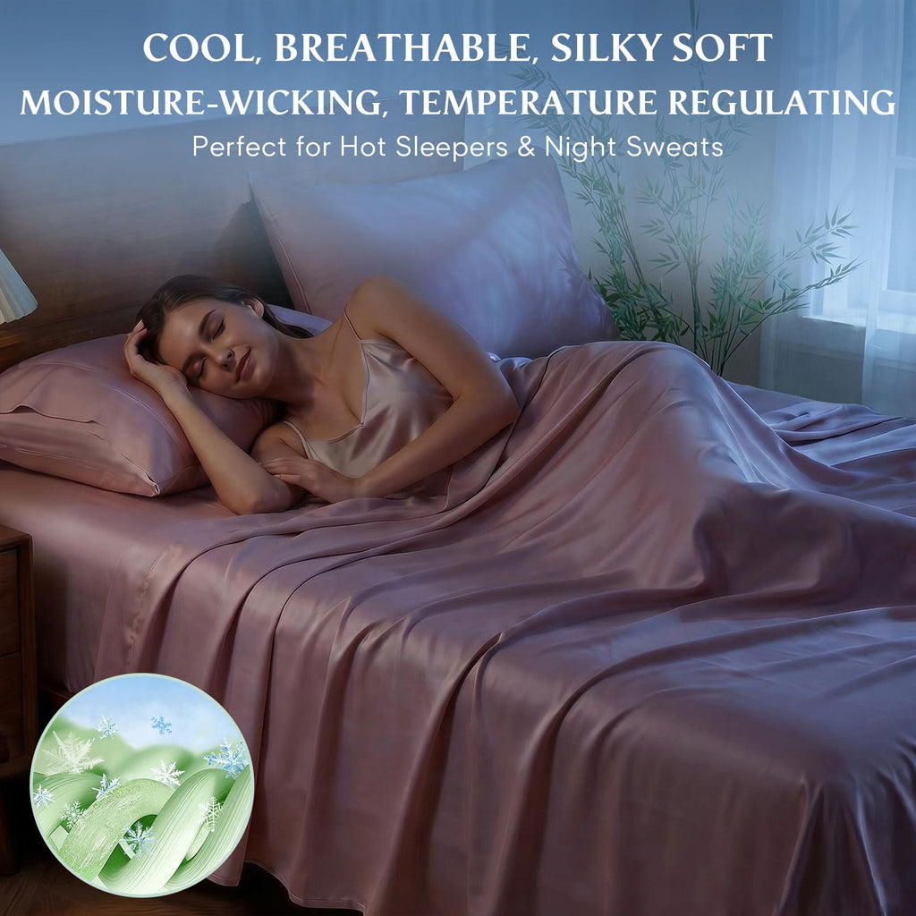 JSD Dusty Pink 100% Viscose Derived from Bamboo Sheet Set Queen, Cooling Sheets for Hot Sleepers, 300TC Sateen Weave, 16" Deep Pocket Corner Straps, Soft Silky Breathable