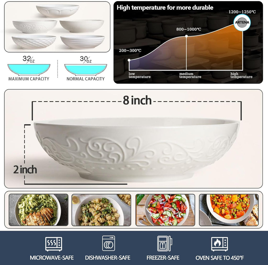 Artena Ceramic Pasta Bowls - 32oz Large Salad Bowls Set of 4 | White Embossed, Microwave & Dishwasher Safe