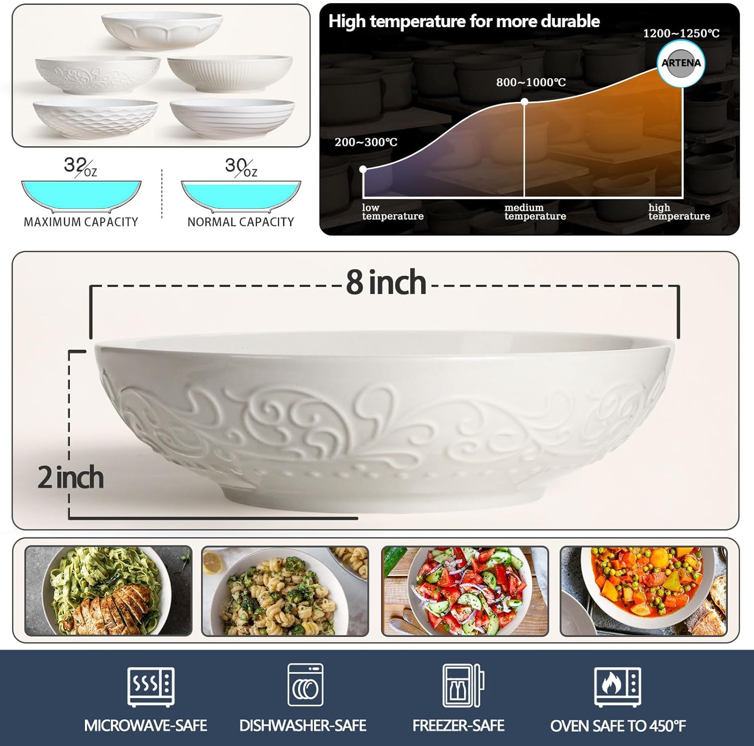 Artena Ceramic Pasta Bowls - 32oz Large Salad Bowls Set of 4 | White Embossed, Microwave & Dishwasher Safe
