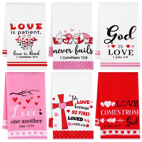 HCEWSBFD 6Pcs Christian Valentine's Day Kitchen Towels Religious Christian Hand Towel Black and White Truck Hand Towels Red Heart Love Dish Towel for Wedding Anniversary Cooking Gifts 16x24 Inch