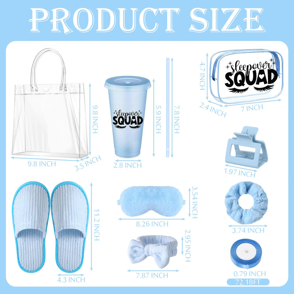 Acellegic 6 Sets Spa Sleepover Party Supplies 6 Pink Cups 6 Spa Headbands 6 Slippers 6 Eye Masks 6 Scrunchies 6 Hair Claws 6 Bags 6 Cosmetic Bag 6 Cards 1 Ribbon for Slumber Party(Blue)