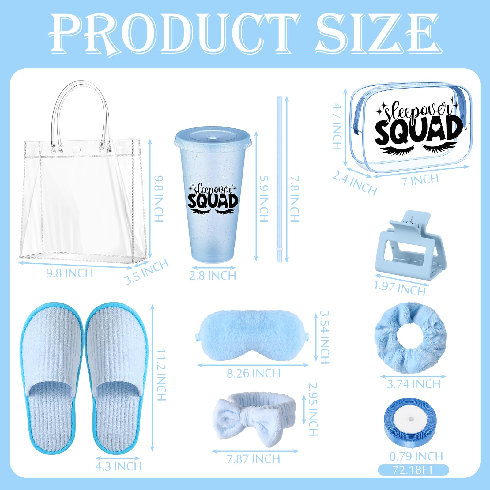 Acellegic 6 Sets Spa Sleepover Party Supplies 6 Pink Cups 6 Spa Headbands 6 Slippers 6 Eye Masks 6 Scrunchies 6 Hair Claws 6 Bags 6 Cosmetic Bag 6 Cards 1 Ribbon for Slumber Party(Blue)