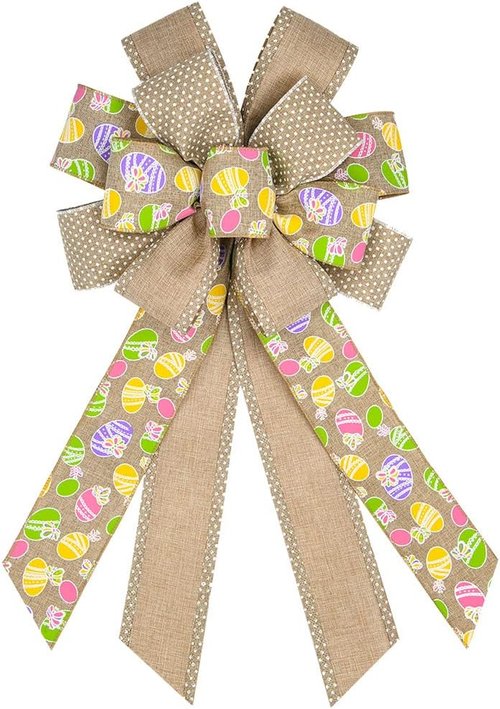 Estivaux Large Easter Wreath Bows - Flaxen Burlap Holiday Decorations for Indoor/Outdoor Use