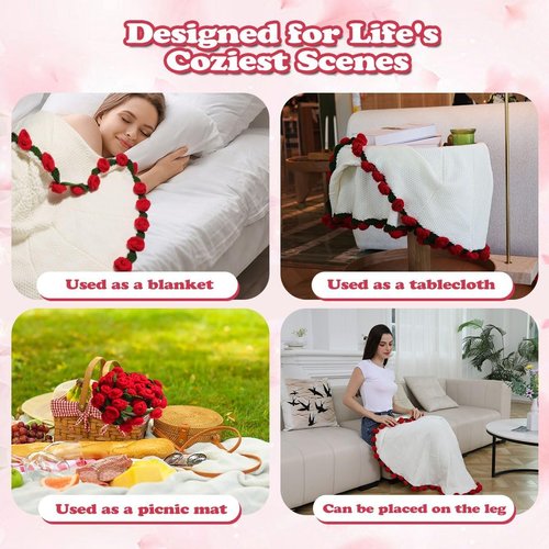 SUVEUS Crochet Flower Bouquet Throw Blanket, 43'' Handmade Knitted Blanket with Rose Flowers, Gift for Women on Birthday Mother’s Day Valentine's Day Anniversary