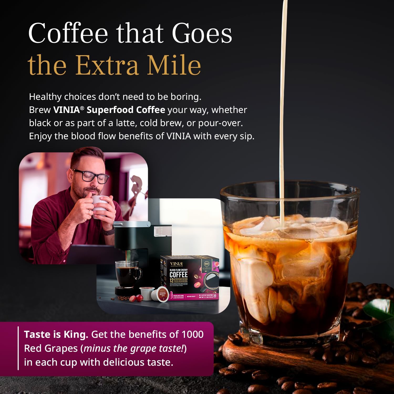 VINIA Medium Dark Roast Coffee with Red Grape Piceid Resveratrol, Nitric Oxide for Heart Health, Alertness, Physical Energy & Blood Flow Circulation. 30ct K-Cup Pods