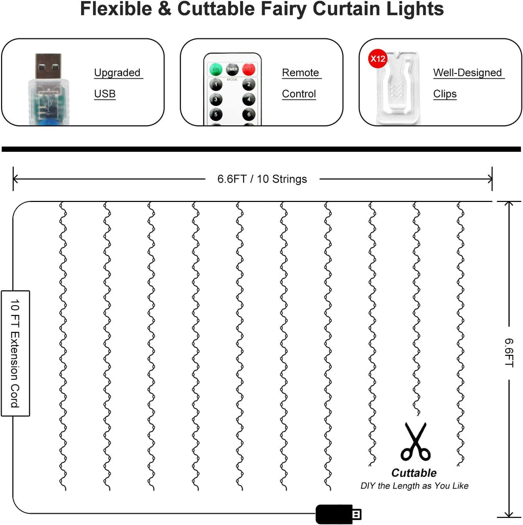 Skiennix 200 LED Fairy Curtain Lights - 6.6 x 6.6 FT Warm White USB Plug with Remote | 8 Modes for Indoor & Outdoor Decor
