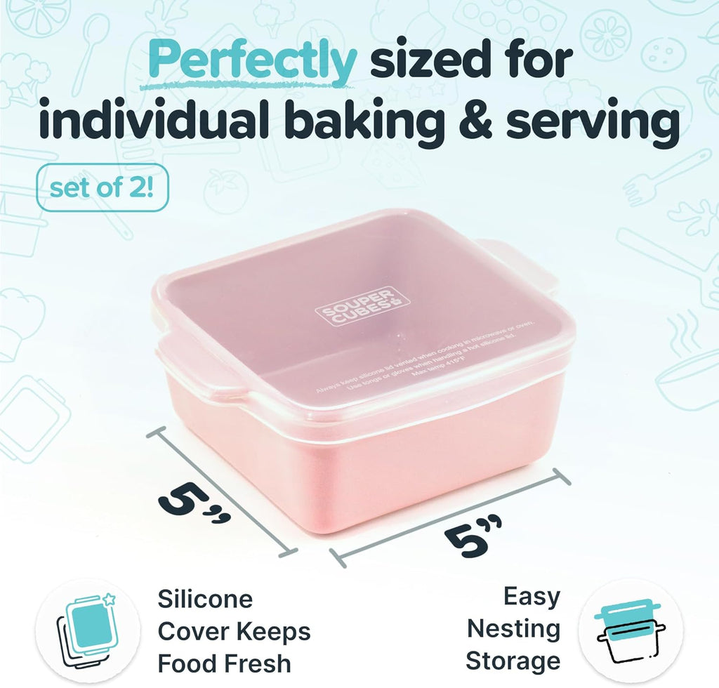 Souper Cubes Stoneware Baking Dishes - Premium 5" x 5" Mini Ceramic Set with Silicone Covers - Cotton Candy