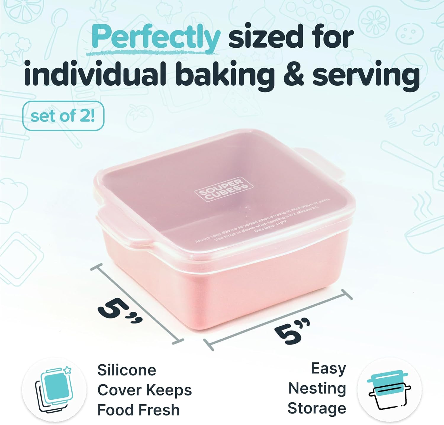 Souper Cubes Stoneware Baking Dishes - Premium 5" x 5" Mini Ceramic Set with Silicone Covers - Cotton Candy