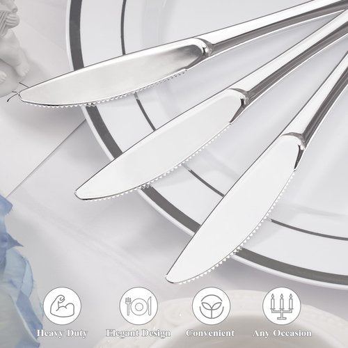 BESTVIP 100 Count Silver Plastic Knives, Solid and Durable Plastic Knives Disposable, Heavy Duty Look Like Real Cutlery, Utensils Perfect for Parties, Weddings, Christmas, Special Occasions