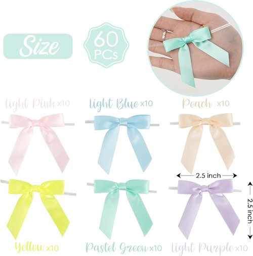 AIMUDI Satin Twist Tie Bows - 2.5" Pastel Gift Wrapping Bows for Crafts & Parties | 60 Pack