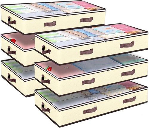 Budding Joy 90L Underbed Storage Containers - Large Capacity Foldable Bins with Clear Window | Beige 6-Pack