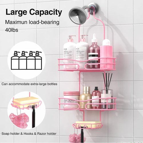DAOYA Pink 3-Tier Shower Caddy - Overhead Organizer with Soap Holder & 6 Hooks for Bathroom Storage