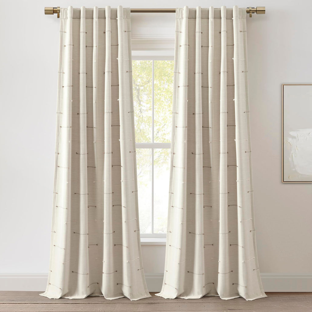 Lush Decor Boho Stripe Clip Jacquard Window Curtain Panels Pair 42" W x 84" L Neutral & Brown - Beige Curtains for Living Room - Modern Bedroom Curtains