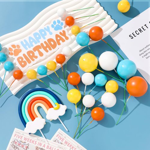 30 Pcs Blue Rainbow Cake Toppers with Blue Orange Ball Happy Birthday Cake Toppers for Birthday Wedding Party Supplies