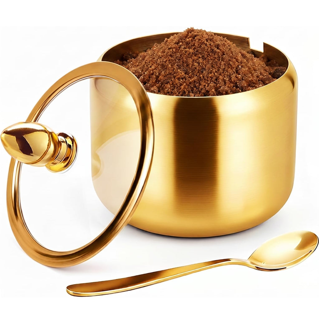 Phininia Coffee Bar Accessories Sugar Container with Glass Lid and Spoon, 10oz Gold Sugar Bowl for Kitchen Storage, Sugar Jar for Salt, Candy, Coffee Bean, Gold
