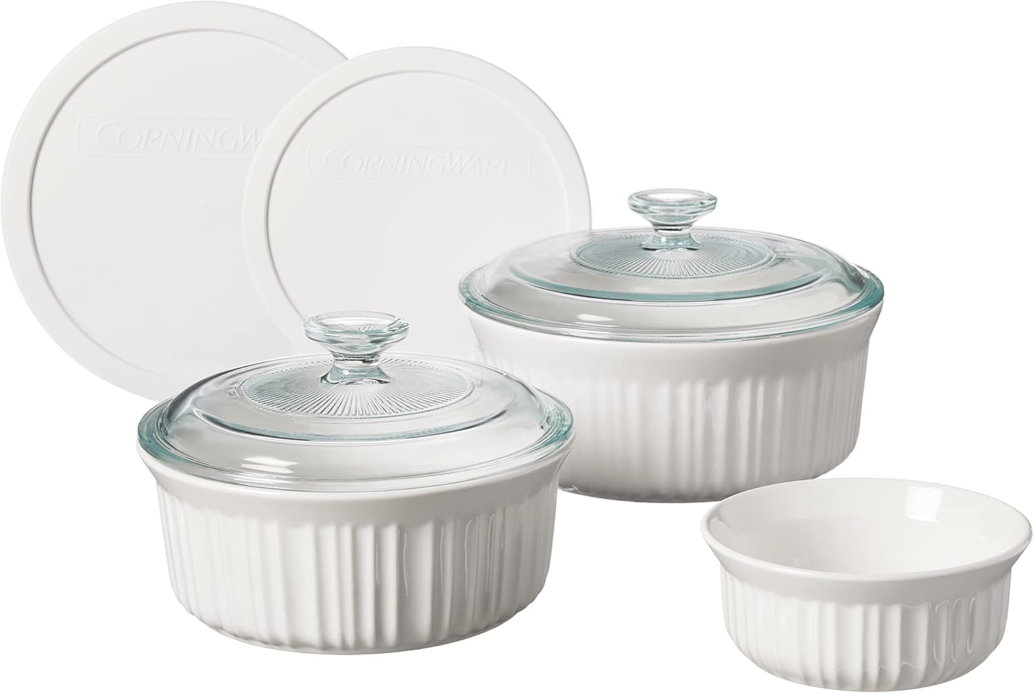 CorningWare French White 7-Pc Ceramic Bakeware Set - Chip & Crack Resistant, Microwave & Oven Safe