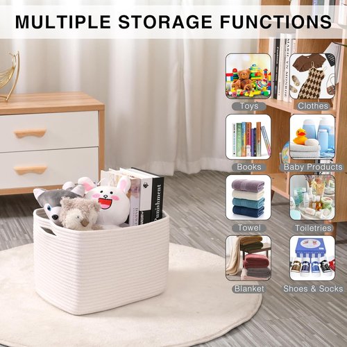 ICERZCZ Storage Baskets - Woven Cotton Rope Organizers for Nursery & Home | 15"x11"x9.5", Off White, 3 Pack