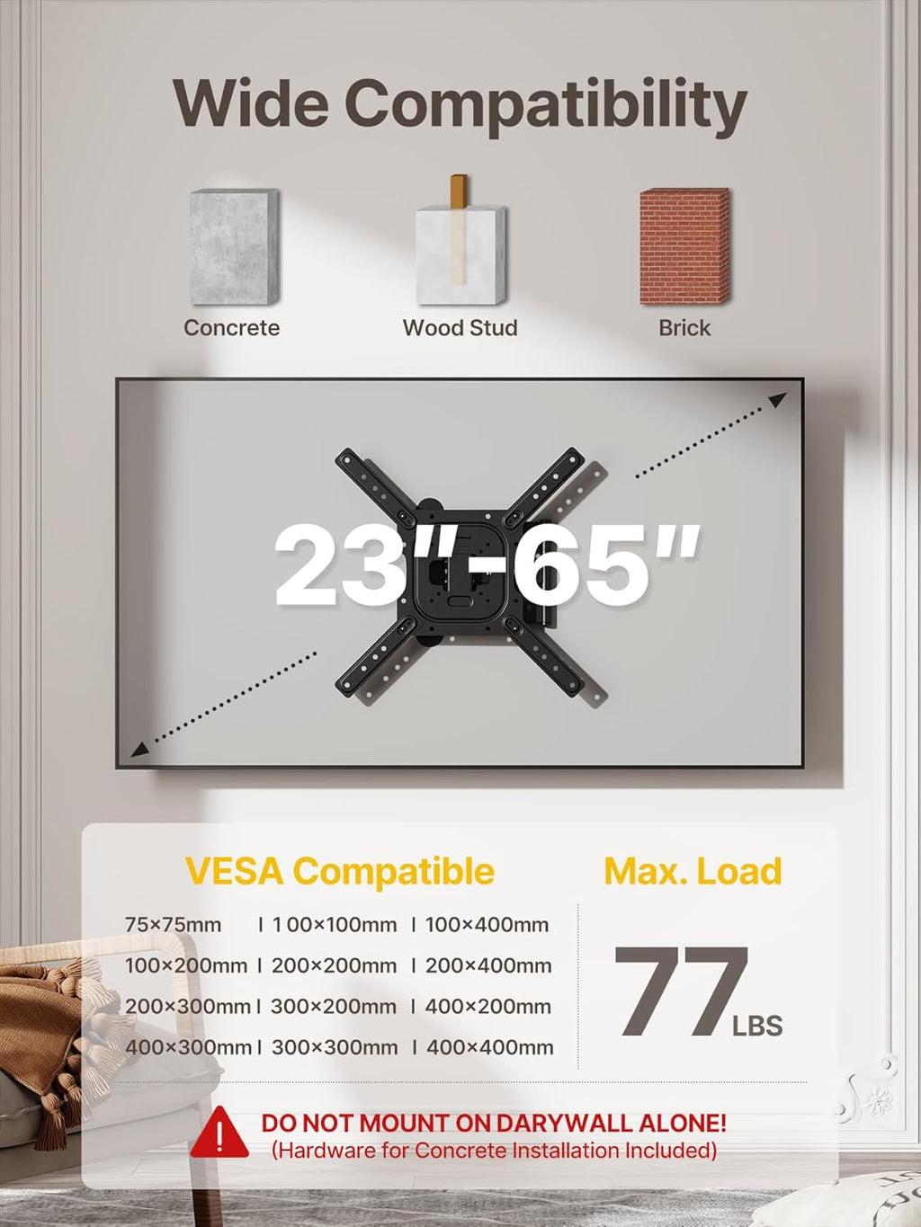 monTEK Full Motion TV Wall Mount - Swivel & Tilt Bracket for 23-65 Inch TVs | Max VESA 400x400mm, 77 lbs Capacity