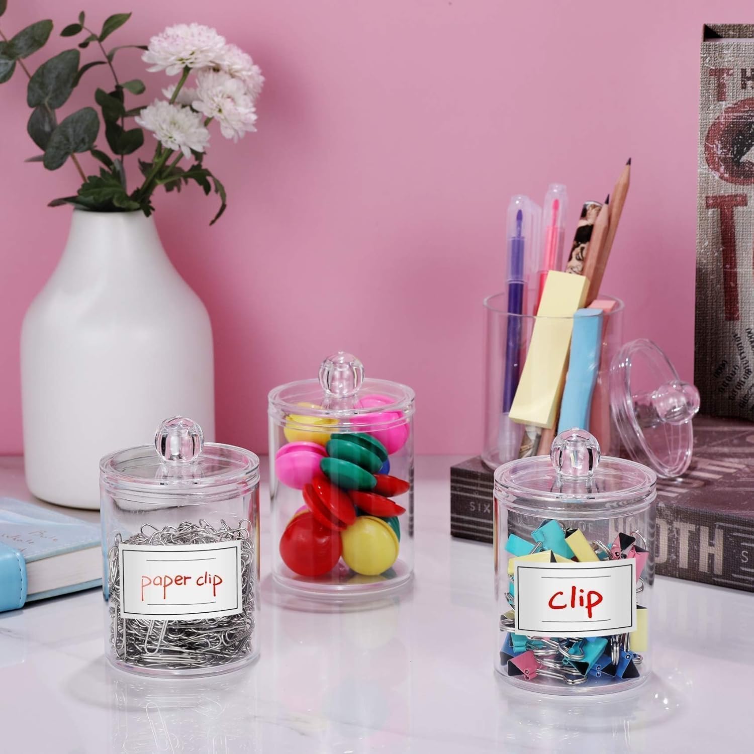 Skiennix Acrylic Qtip Holder Dispenser - 4 Pack Clear Canisters for Cotton Swabs & Makeup Storage