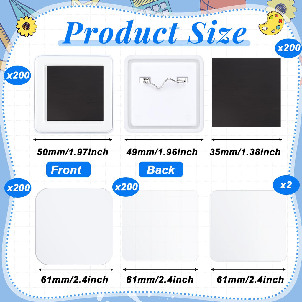 Teenyyou 50mm/ 2 Inch Button Craft Press Supplies Square Button Part DIY Fridge Magnets Craft Set Including Magnet, Metal Cover, Plastic Back Cover, Pin,Transparent Film,Blank Paper (200 Sets,Plastic)